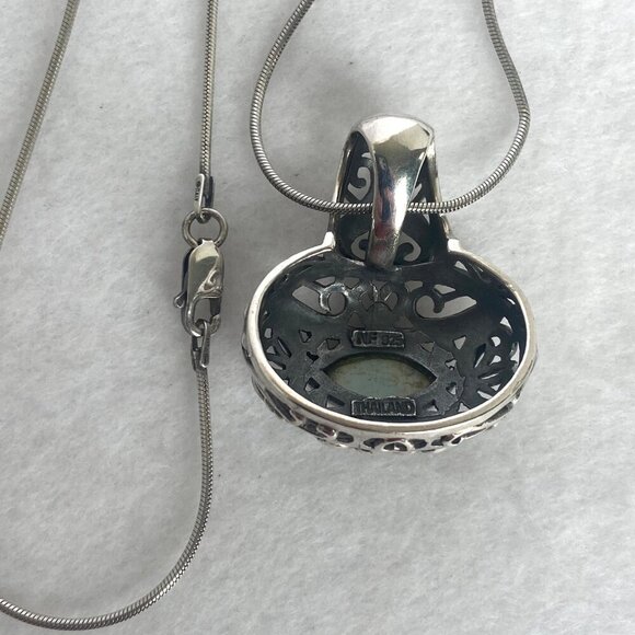 Sterling Silver 925 Chunky Bali Style Scrollwork Turquoise Pendant Necklace 18" - Picture 8 of 16